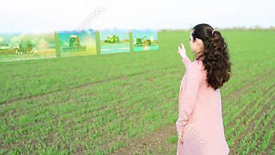 The concept of future technologies in agriculture. The farmer chooses the necessary operations to increase the crop and the sequen