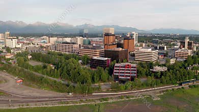 An aerial view into downtown Anchorage from a perspective over the Cook Inlet Alaska