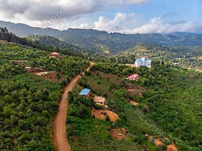Aerial Drone Shot of Lushoto village in Usambara Mountains. Remote Place in Tanga Province, Tanzania, Africa