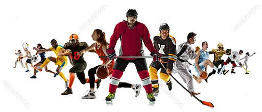 Sport collage of professional athletes or players isolated on white background, flyer