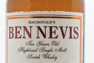 Ben Nevis Highland Single Malt Scotch Whisky closeup against white
