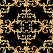 Baroque golden elements ornamental seamless pattern. Watercolor hand drawn gold element texture on black background