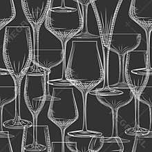 Hand drawn bar glassware seamless pattern on black background