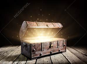 Treasure Chest - Open Ancient Trunk With Glowing Magic Lights