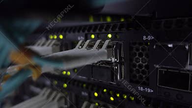 Telecommunication broadband fiber optical blue cables.