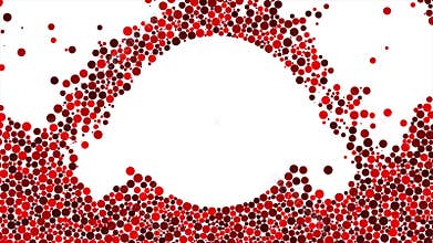 Colorful red balls falling down and skirting white round shape. Animation. Different size bubbles or spheres falling