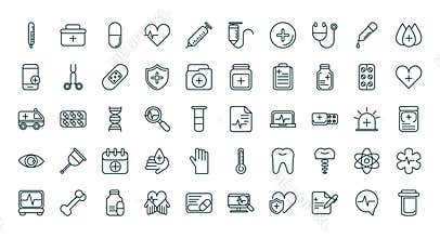 Healthcare equipment medical icons set line fill