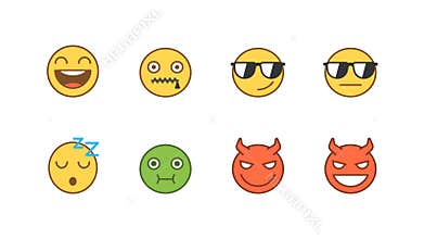 Emoticons stickers set laughing cool sleeping sick demon. Animated Emoticons. Alpha channel