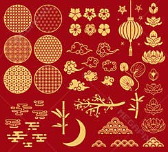 Chinese new year elements. Festive asian ornaments, patterns in oriental style. Clouds, moon and bamboo, sakura and