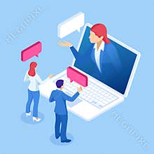 Isometric online virtual assistant services and artificial intelligence concept. Chat bot and future marketing. AI and