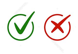 Correct, incorrect sign. Right and wrong mark icon set. Green tick and red cross flat simbol. Check ok, YES, no, X marks for vote