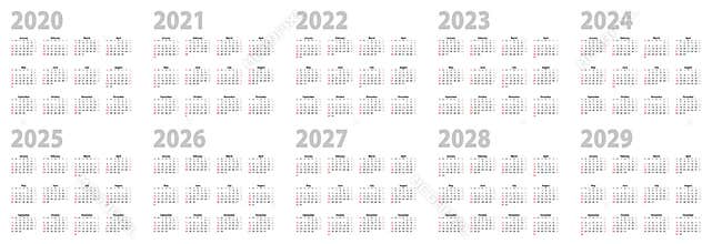 Calendar set in basic design for 2020, 2021, 2022, 2023, 2024, 2025, 2026, 2027, 2028, 2029 years. Week starts on Sunday
