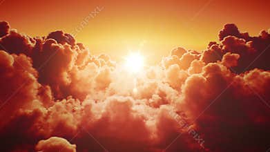 Beautiful Sunset in the Skies. Flying Over the Infinite Clouds with the Evening-Morning Sun Shining Bright Seamless