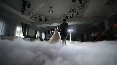 Ukrailne. LVIV. 19 JAN 2019. Dance of brides at the wedding. Heavy smoke that is highlighted with white light. The first