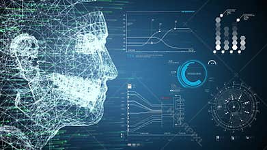 Futuristics mesh human AI and VR face with database HUD scanning information on blue background. Virtual reality technology and