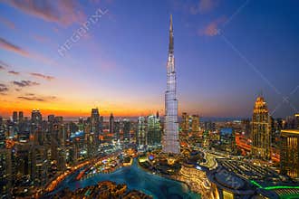 Aerial view of Burj Khalifa in Dubai Downtown skyline and fountain, United Arab Emirates or UAE. Financial district and business