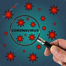 Hand with magnifying glass over coronavirus word