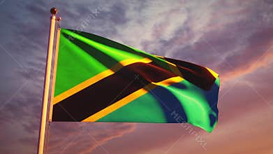 Tanzania flying flag at sunset dramatic sky - animation footage