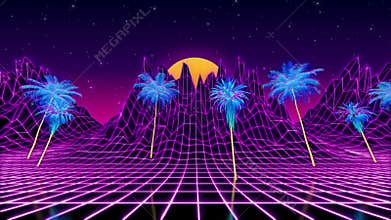 80s retrowave neon background. Loop animation of 3d terrain with palm trees