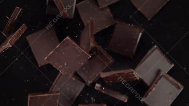 Chocolate pieces explosion. Slow Motion 500fps