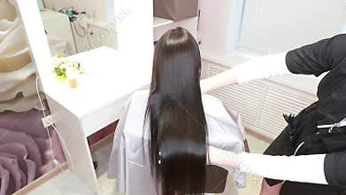 Result after lamination and hair straightening in a beauty salon for a girl with brown hair. hair care concept.