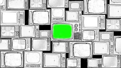 Zoom in then fixed shot in a old tv set with green screen among a wall of retro television, compositing, chroma key