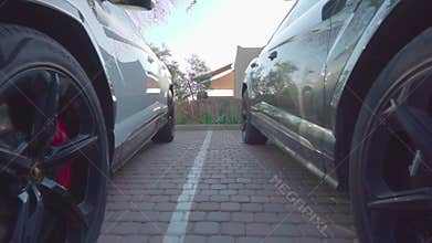 Lamborghini exterior. Between two cars