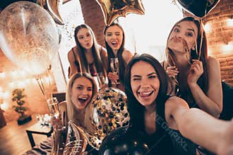 Close up photo beautiful five she her chic ladies little drunk clink wineglasses beverage tongue out mouth funny make