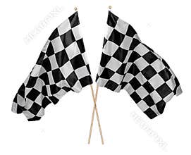 Two crossed pair of waving black white chequered flag with wooden stick motorsport sport racing concept isolated background