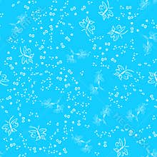 Butterfly seamless outline vector in line art style on blue background. Line art butterfly. Cartoon animals, flowers and dots.