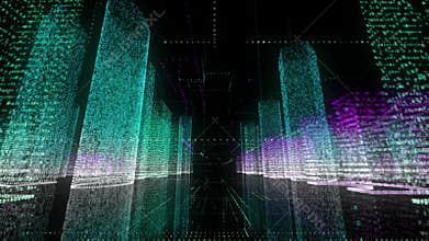 Digital technology and business concept background of bright neon wireframe of modern digital city center with