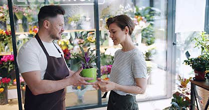 Male florist holding green plant talking to female customer in flower store