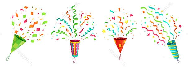 Party confetti popper. Exploding birthday celebration confetti poppers and flying congratulations ribbons cartoon vector