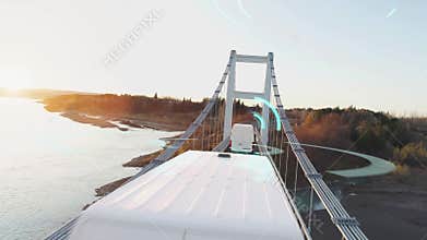 Autonomous Electric Van semi truck car driving on a highway with technology assistant tracking information, showing details