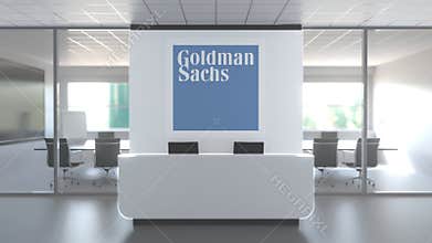 Logo of Goldman Sachs on a wall in the modern office, editorial conceptual 3D animation