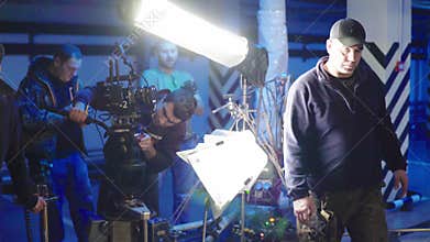 Film crew during filming. Filmmaking. Shooting. Film production