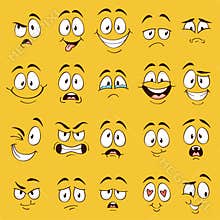 Cartoon faces. Funny face expressions, caricature emotions. Cute character with different expressive eyes and mouth
