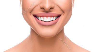 Tooth whitening and dental care concept. Close up photo of a smiling woman