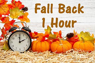 Fall Back 1 hour time change message with a retro alarm clock with pumpkins and fall leaves