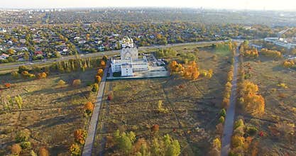 Aerial view to Orthodox church in park in Kharkiv, Ukraine