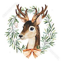 Winter composition with leaves,branches,snowberries,mistletoe and cute deer.