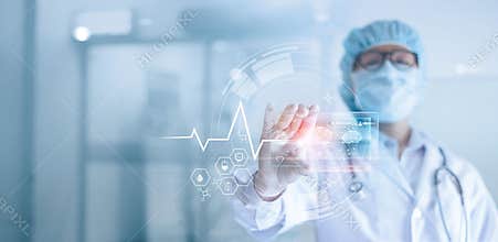 Doctor analyzing and examines data a digital holographic plate the brain of patient in laboratory background, Dementia, Alzheimer,