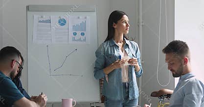 Nervous young female conference speaker feeling unconfident before presentation.