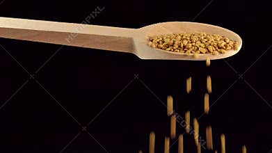 One spoon of fenugreek seeds. Spices and food ingredients