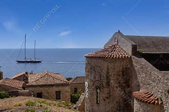 View of the old town of Monemvasia in Lakonia of Peloponnese, Greece