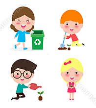 Cute kids volunteer. Children collect rubbish for recycling. A child plants trees. isolated on white background Illustrator Vector