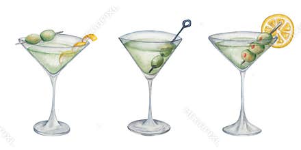 Watercolor set of illustrations. Hand painted green cocktails in martini glass with green olives, slice of lemon, peel. Alcohol