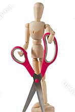 Wooden Mannequin Carrying a Pair of Scissors