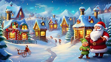 Christmas banner Santa Claus, reindeer, and elves in a festive North Pole village, AI generated