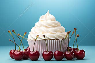 delicious cupcake with cream and cherry. Christmas cupcake. free space